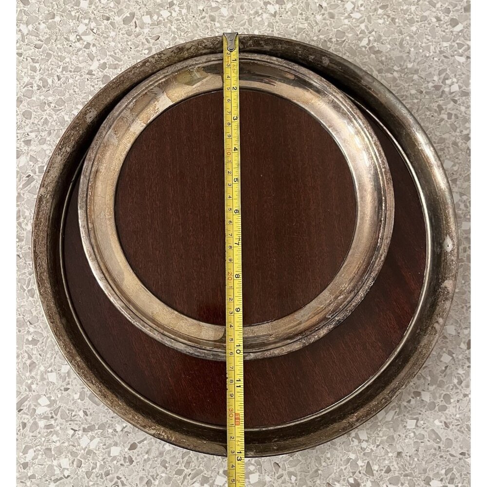 Round Serving Cocktail Tray Formica Wood Grain Set of 2 MCM Vintage Cresent & ? - Picture 11 of 12